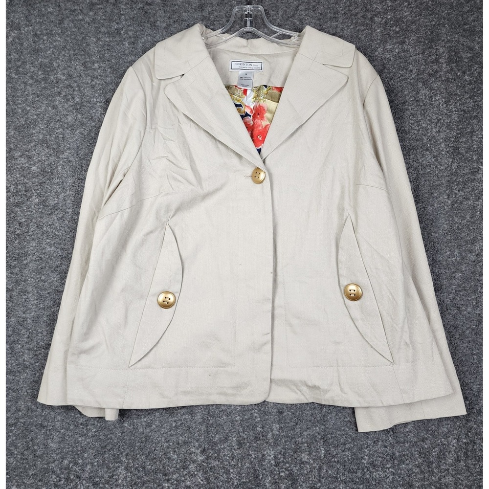 Simonton Says George Simonton Blazer Women 1X Beige Floral Lining Gold Button